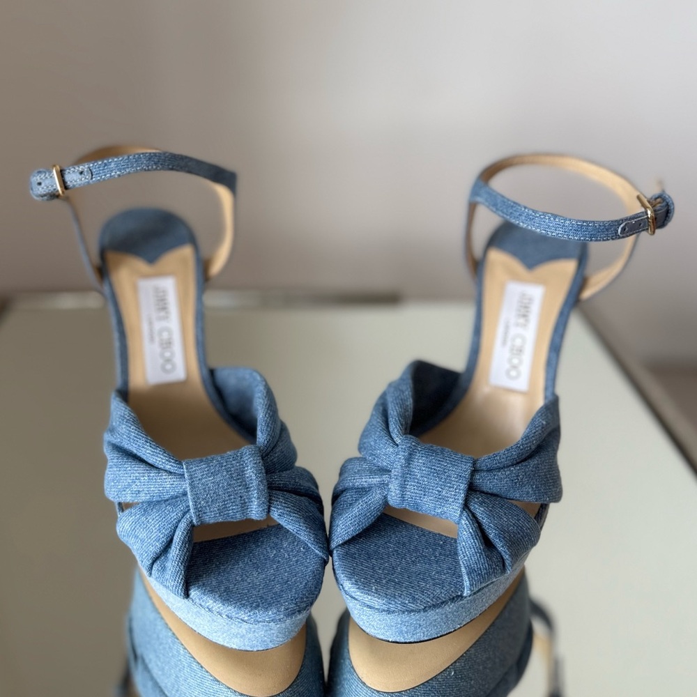 New JIMMY CHOO Heloise 120 Knotted Denim Platform Sandals 38 $995 - Picture 9 of 14
